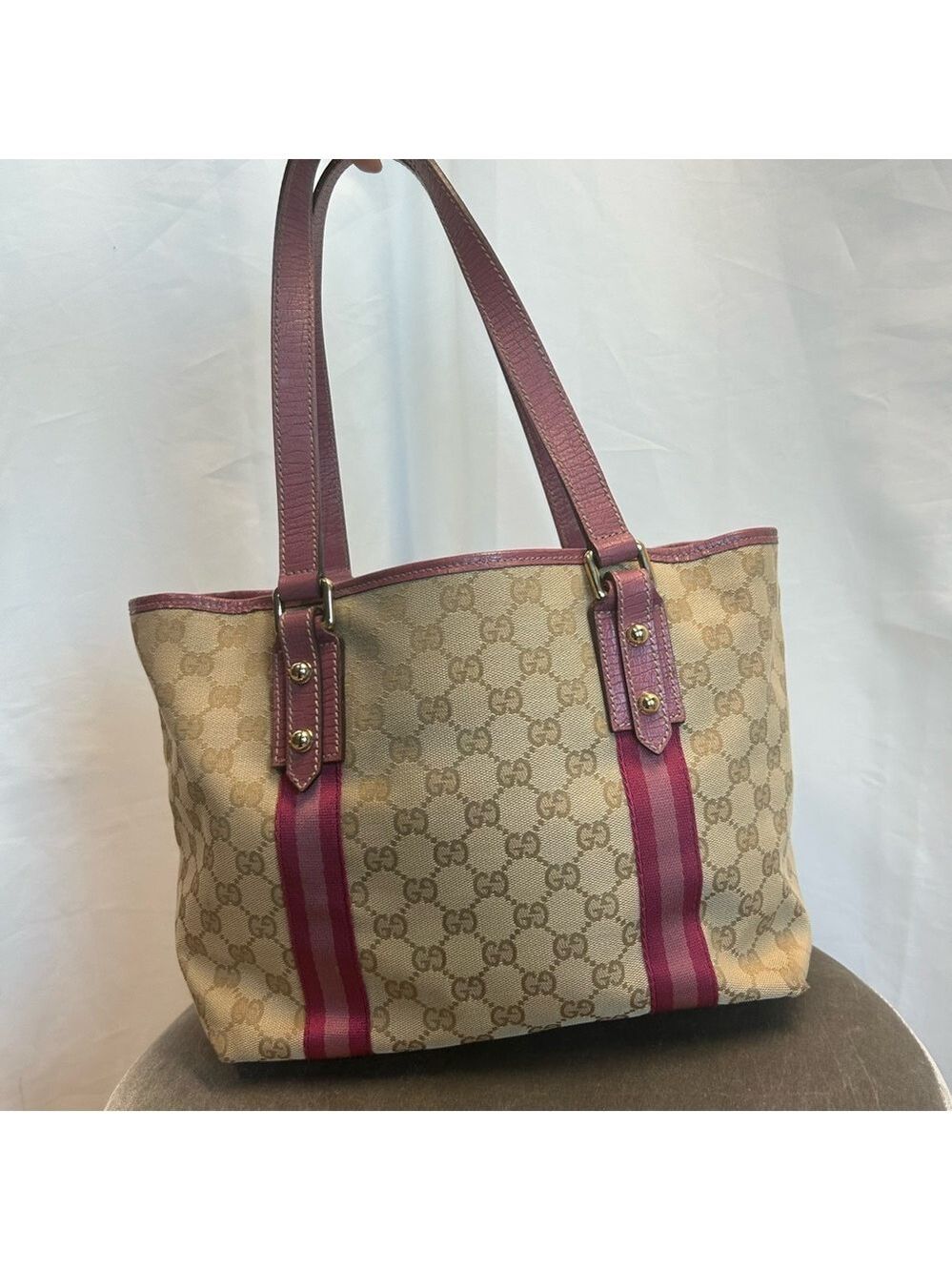 Gucci Authentic Pink Tan brown monogram GG Canvas Jolicoeur tote bag purse - Picture 4 of 17